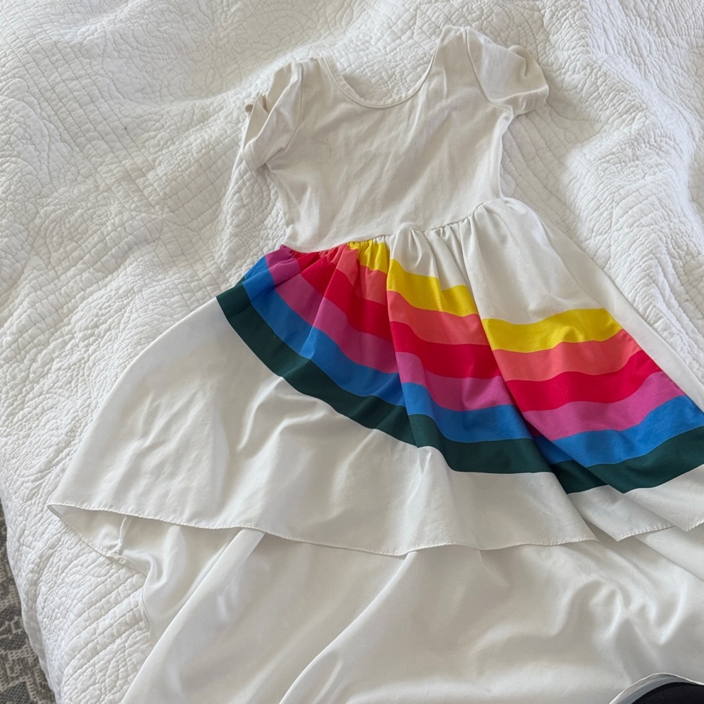 Girls' White High-Low Dress with Bright Rainbow Stripes
